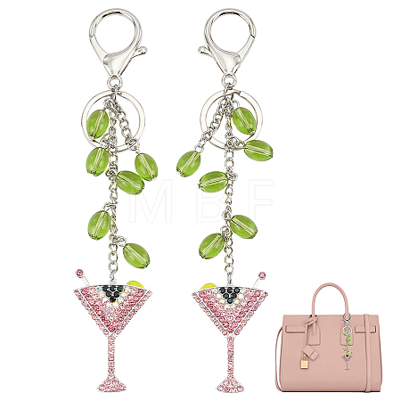 2Pcs Alloy Rhinestone Wine Glass Charm with K9 Glass Bead Keychains KEYC-OC00010-1