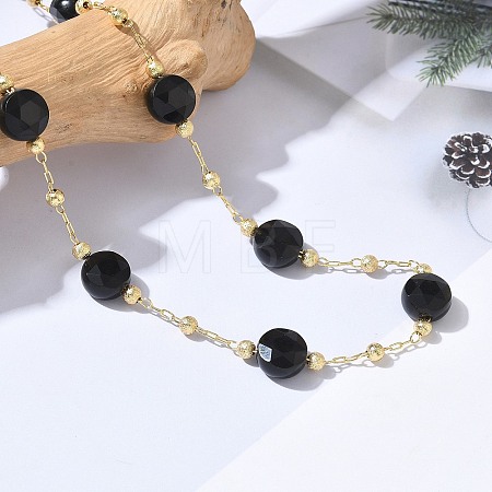 Natural Black Onyx(Dyed & Heated) Faceted Flat Round Beaded Chain Necklaces with Matte Brass Beads GG-CBA37F5-01G-11-1