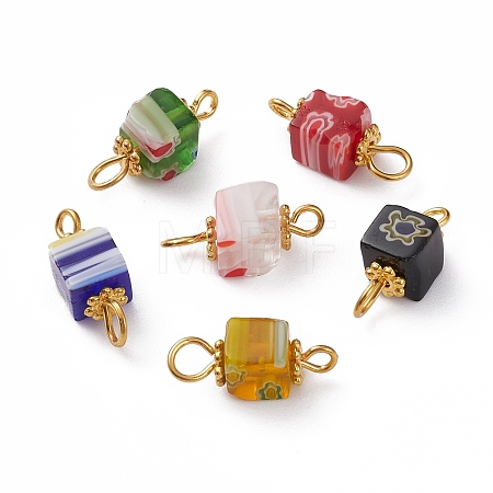 Cube Handmade Millefiori Glass Connector Charms PALLOY-JF00578-30A-1