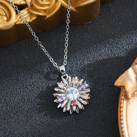 Brass Pave Colorful Cubic Zirconia Sunflower Pendant 201 Stainless Steel Cable Chain Necklaces for Women WGE7141-02-1