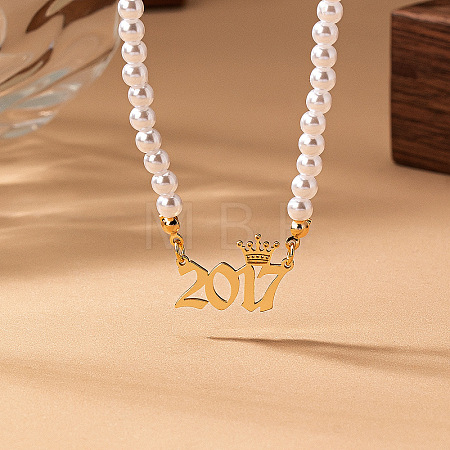 Alloy Crown Birth Year Pendant Imitation Pearl Round White Beaded Necklaces for Women FS-WG173C9-14-1