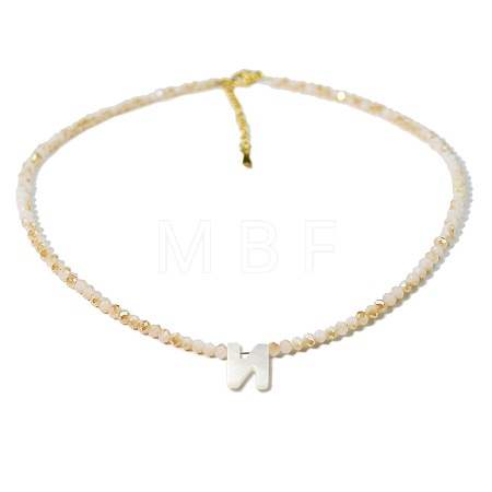 Natural White Shell Letter Faceted Glass Beaded Necklaces with 304 Stainless Steel End Chains SS7282-13-1