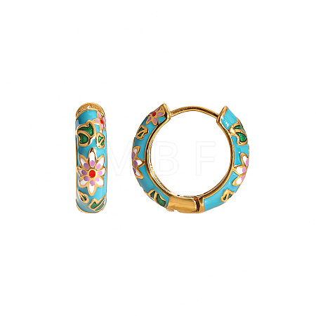 Chinese Retro 304 Stainless Steel Enamel Ring with Flower Pattern Hoop Earrings BB7359-2-1