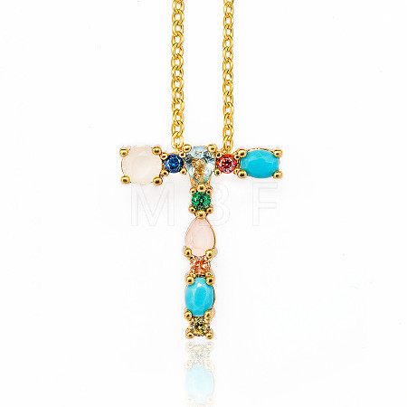 Golden Brass Micro Pave Cubic Zirconia Initial Pendants Necklaces NJEW-S069-JN002-T-1