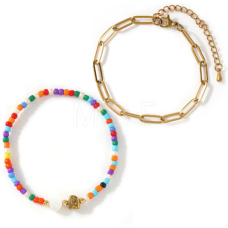 2Pcs 2 Styles Glass Seed Beads & Natural Shell & 304 Stainless Steel Beads Stretch Bracelest & Brass Paperclip Chain Bracelets Set for Women GY4605-1-1