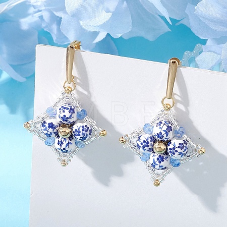 Handmade Flower Printed Porcelain Ceramic Dangle Earrings EJEW-MZ00694-1