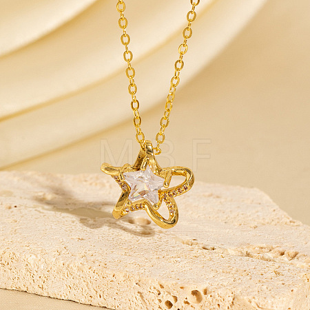 Brass Pave Clear Cubic Zirconia Star Pendant Necklaces for Women WG2341B-01-1