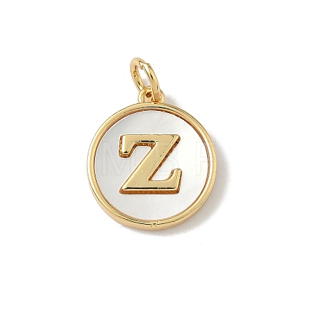 Brass Pave Natural Shell Flat Round with Letter Charms KK-Z115-13G-Z-1