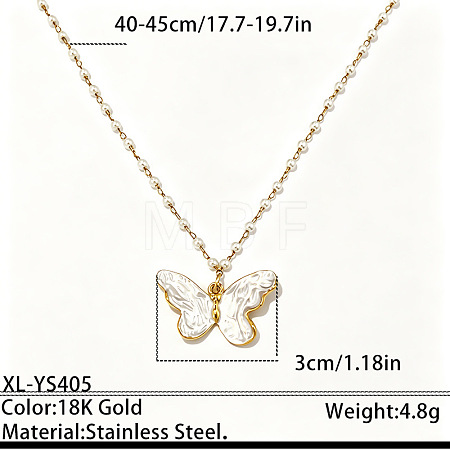 304 Stainless Steel Enamel White Pendant Imitation Pearl Beaded Chain Necklaces for Women WG574ED-02-1