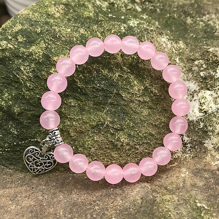 Natural Rose Quartz Round Beaded Stretch Bracelets DM7312-2-1