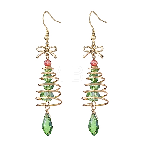 Christmas Tree with Bowknot Brass Wired Glass Dangle Earrings EJEW-JE06125-1