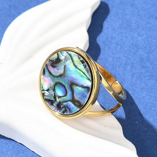 Flat Round 304 Stainless Steel Paua Shell Cuff Rings for Women RJEW-G346-02G-01-1