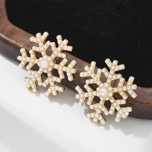 Snowflake Brass & ABS Imitation Pearl Stud Earrings EJEW-M077-03G-1