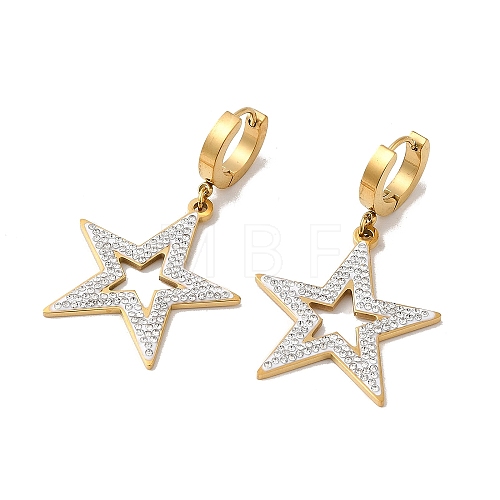 304 Stainless Steel Rhinestone Star Dangle Hoop Earrings EJEW-E293-04G-1