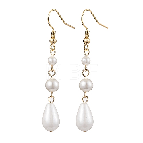 Teardrop Shell Pearl & Brass Dangle Earrings for Women EJEW-TA00513-1