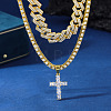 2Pcs Cross Zinc Alloy Clear Cubic Zirconia Pendant Double Layer Necklaces for Women Men FS-WG0C5CD-01-2