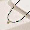 Vintage Stainless Steel Pave Synthetic Turquoise Heart Pendant Glass Faceted Round Beaded Necklaces for Women UN1640-5