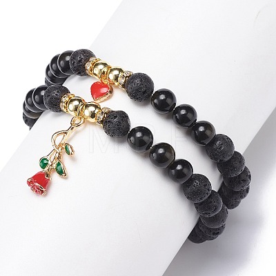 2Pcs 2 Style Style Natural Lava Rock & Golden Sheen Obsidian & Synthetic Hematite Stretch Bracelets Set BJEW-JB08734-1