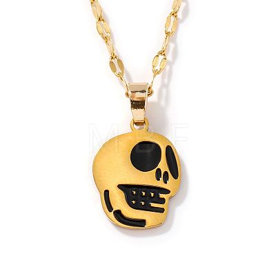 Stylish Halloween Skull Stainless Steel Black Enamel Pendant Dapped Chain Necklaces IJ5988-1