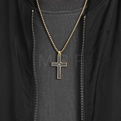 304 Stainless Steel with Wood Religion Cross Pendant Box Chain Necklaces for Men FS-WGA9A37-03-1