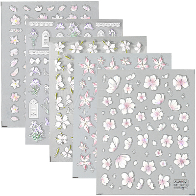 5Pcs 5 Styles Flower Pattern Self Adhesive PET Nail Art Stickers Decals MRMJ-SP0001-24-1
