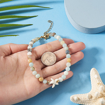 Ocean Dyed Synthetic Turquoise Starfish and Natural Flower Amazonite Round Beaded Anklets for Women AJEW-TA00061-1
