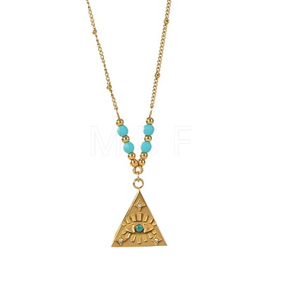 304 Stainless Steel Micro Pave Clrar Cubic Zirconia and Synthetic Turquoise Evil Eye Pendant Necklaces WG65F11-02-1