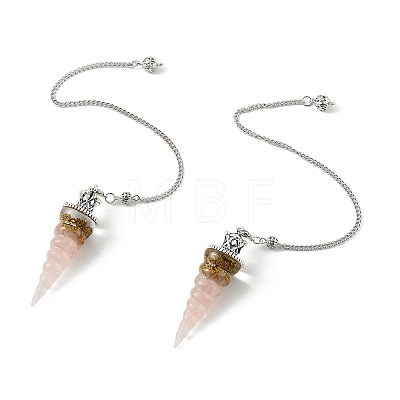 Resin Dowsing Pendulum Pendants with Natural Rose Quartz Chips inside and Iron Chain & Alloy Caps GG-CBAEAD2-01A-1