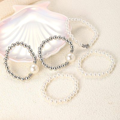5Pcs 5 Styles Stylish CCB Plastic & Plastic Pearl & Rhinestone Beads Stretch Bracelets for Women WGF408F-01-1