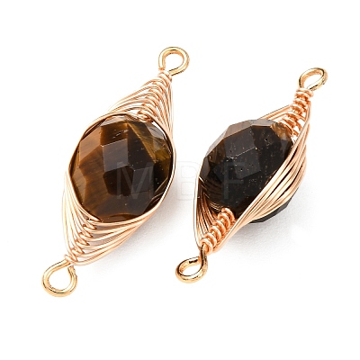 Natural Tiger Eye Faceted Flat Round Links Connector Charms with Copper Herringbone Wire-Wrapped KK-Z152-09G-02-1