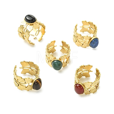 Natural Carnelian/Black Agate/Tiger Eye/Lapis Lazuli/Moss Agate Cuff Open Rings RJEW-JR01079-03-1