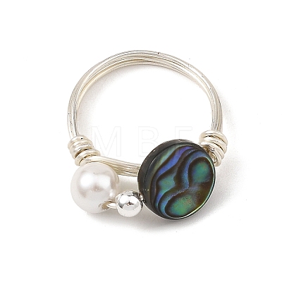 Eco-Friendly Copper Wire with Natural Abalone Shell/Paua Shell Finger Rings RJEW-JR01086-02-1