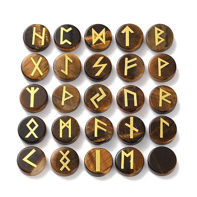 Brass Elder Futhark Alphabet Engraved Symbol Flat Round Natural Tiger Eye Rune Stones G-I373-01L-1