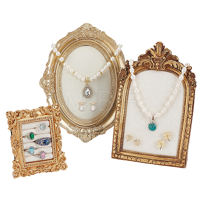 3Pcs 3 Styles Resin & Linen Photo Frame Jewelry Necklace Display Stands ODIS-OC0001-97-1
