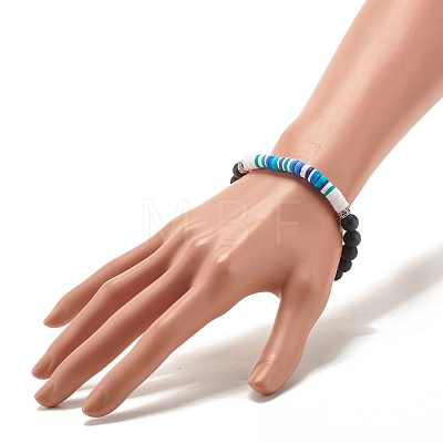 Synthetic Black Stone & Handmade Polymer Clay Heishi Beads Stretch Bracelet BJEW-JB07509-1