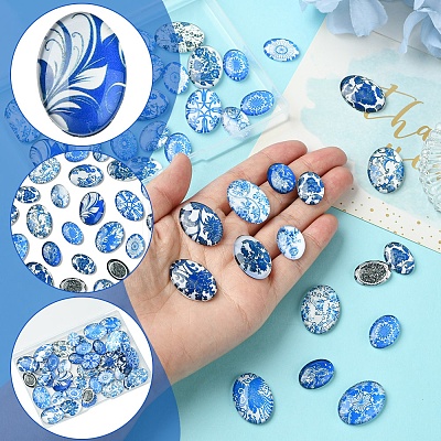 40Pcs 2 Styles Floral Theme Ornaments Glass Oval Flatback Cabochons GGLA-FS0001-10-1
