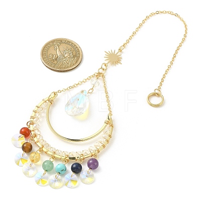 Chakra Gemstone & Brass Moon Pendant Decorations HJEW-TA00074-1