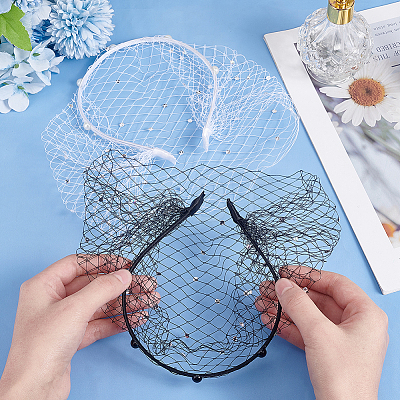 2Pcs 2 Colors Bridal Rhinestones Pearl Mesh Veil Cloth Hair Bands OHAR-BC0001-03-1
