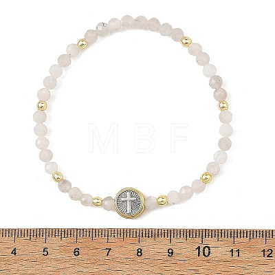 Religion Natural Moonstone Beaded Stretch Bracelets with Brass Flat Round with Cross Beads BJEW-JB14360-02-1