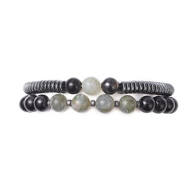 2Pcs Narutal & Synthetic Mixed Gemstone Beads Stretch Bracelets BJEW-JB12720-02-1
