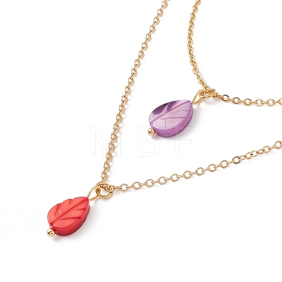 Synthetic Shell Leaf Pendant Double Layer Necklaces and Dangle Stud Earrings SJEW-F217-04G-1