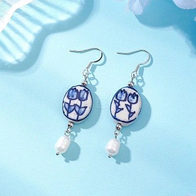 Oval with Flower Pattern 304 Stainless Steel Dangle Earrings EJEW-JE06925-1