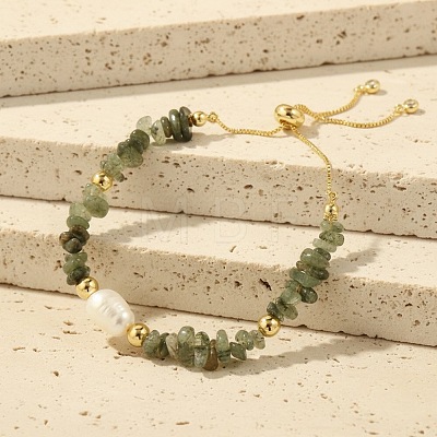 Natural Freshwater Pearl and Natural Green Fluorite Chip Beaded Adjustable Brass Box Chain Slider Bracelets for Women PS0343-5-1