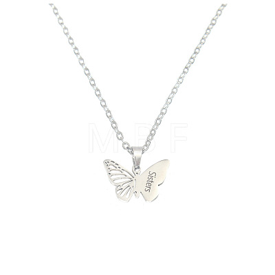 304 Stainless Steel Filigree Butterfly Engraved Sisters BFF Pendant Necklaces for Women FS-WG8B29F-05-1