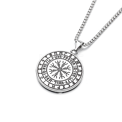 Vintage 304 Stainless Steel Viking Flat Round with Embossed Dragon Pendant Necklaces for Men WG12A6F-01-1