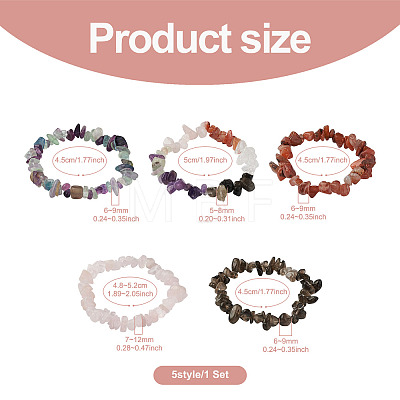 Fashewelry 5Pcs 5 Style Natural Mixed Stone Chip Beads Stretch Bracelets for Women BJEW-FW0001-03-1