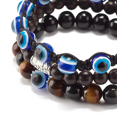 3Pcs 3 Style Natural Obsidian & Tiger Eye & Wood Stretch Bracelets Set BJEW-JB07622-1