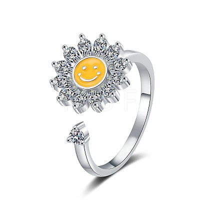 Sunflower with Smiling Face Enamel Rotatable Cuff Rings for Women RJEW-M016-07P-1