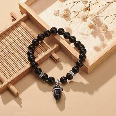 Natural Obsidian Round Beaded Stretch Bracelet with Bullet Charms BJEW-JB09018-05-1