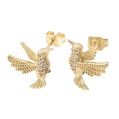 Hummingbird Brass Micro Pave Clear Cubic Zirconia Stud Earrings EJEW-L311-02G-1